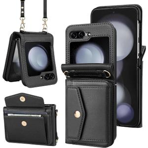Vofolen for Samsung Galaxy Z Flip 5 Case with Card Holder Slot Crossbody Wallet Cover with Adjustable Strap Magnetic Closure Soft PU Leather Protective zflip5 Phone Purse for Women Girls, Black