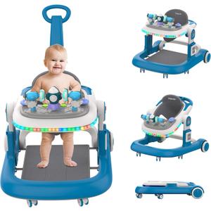 Baby Walker, 4 in 1 Foldable Baby Walker, Baby Walker with Wheels & LED Light, Adjustable Speed and 3 Height for Baby Girl and Baby Boy, Baby Walkers for Babies 6-18 Months Blue