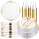 Hioasis 175pcs Clear and Gold Plastic Plates - Elegant Disposable Dinnerware Set Suitable for 25 Guests Include 10.25" Dinner & 7.5" Dessert Plates, Pre Rolled Silverware Set, Cups for Party & Wedding
