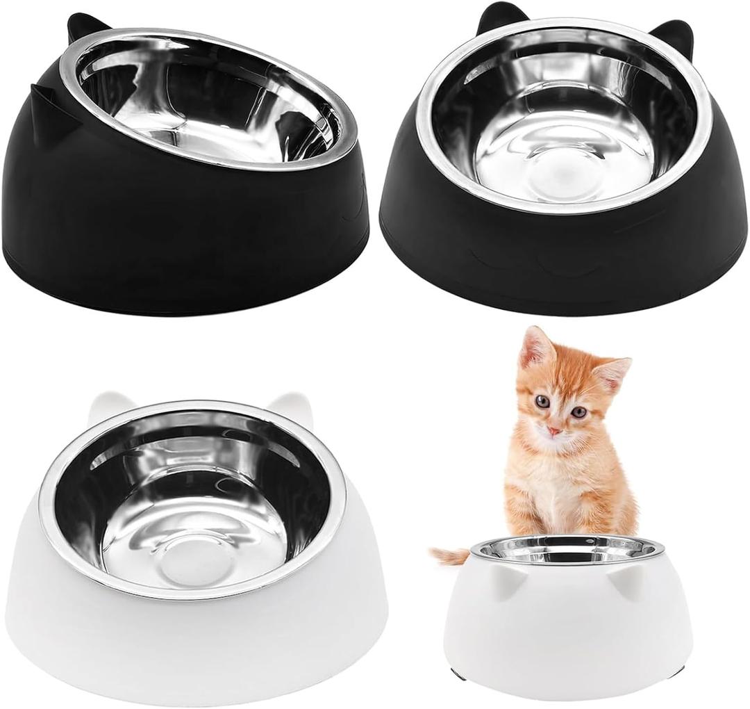 Hamiledyi Raised Cat Bowls 4 PCS - 15 Tilted Elevated Stainless Steel Food & Water Bowls for Anti-Vomiting, Spill Proof - Detachable Pet Dish Set for Cats/Kittens Feeding (Black+White, 200+400 ML)