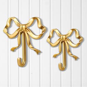 Lineshading 2 Pcs Gold Bow Wall Hooks Brass Coquette Bow Hooks for Coats Hats Bags Bath Towels Robes Vintage Room Decor Office Kitchen Hallway Bathroom Nursery Decorations (L+S)