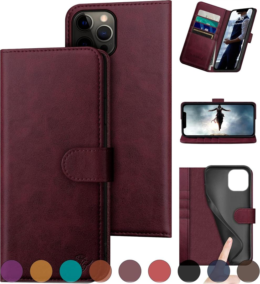 DuckSky for iPhone 12 Pro Max 6.7" Genuine Leather Wallet caseRFID Blocking4 Credit Card HolderReal LeatherFlip Folio Book Phone case Protective Cover Women Men for apple 12ProMax case Red