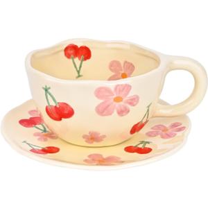Koythin Ceramic Coffee Mug with Saucer, Cute Flower Cup for Office and Home, 8.5 oz/250 ml for Latte Tea Milk, Fruit Mugs Suitable for Mom on Mother's Day (Pink Cherry)