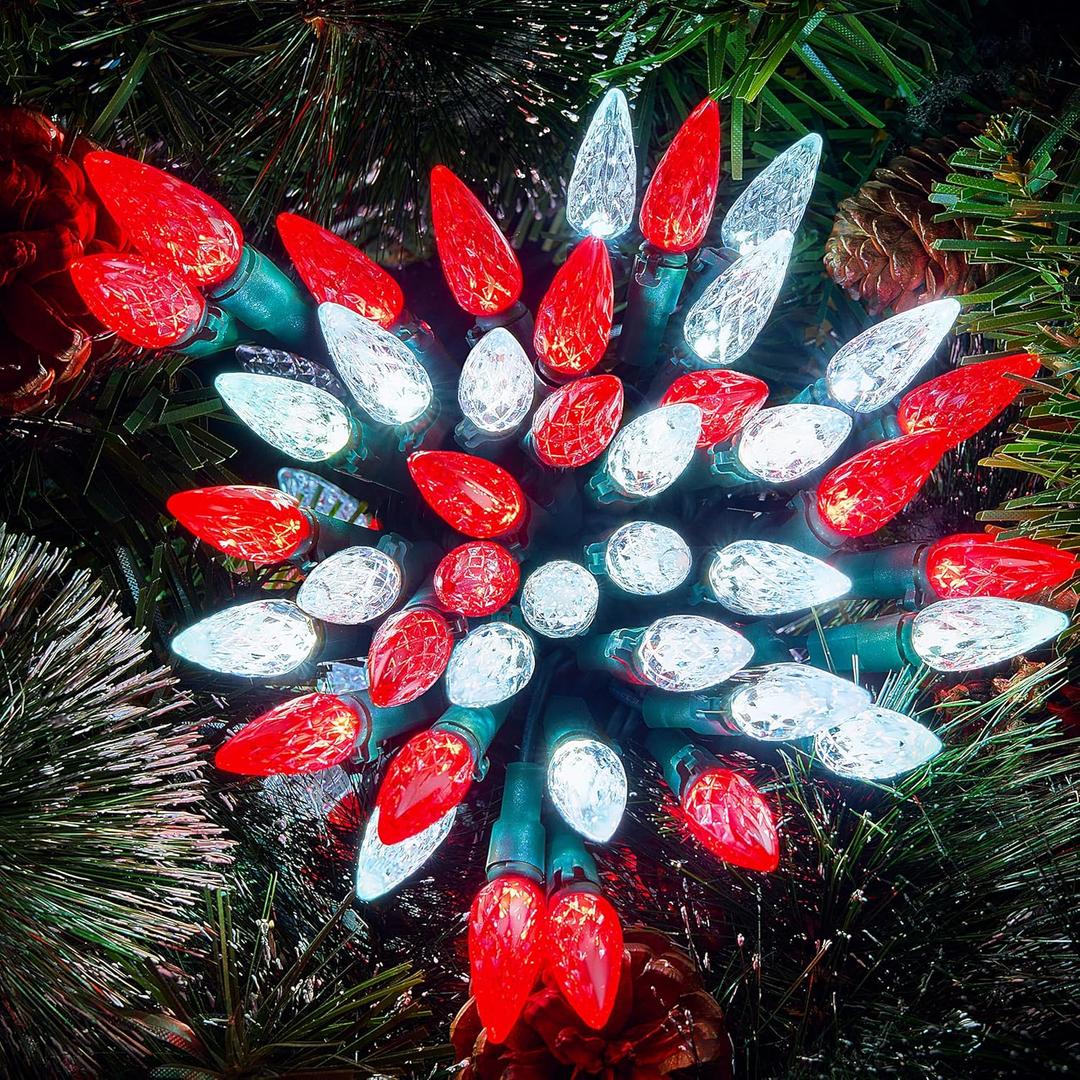 Joiedomi C6 Red & White Christmas Lights, 100 LED Steady On Strawberry Lights, 33.66 FT Connectable Christmas String Lights for Indoor Outdoor Party Home Yard Xmas Tree House Decorations, Green Wire