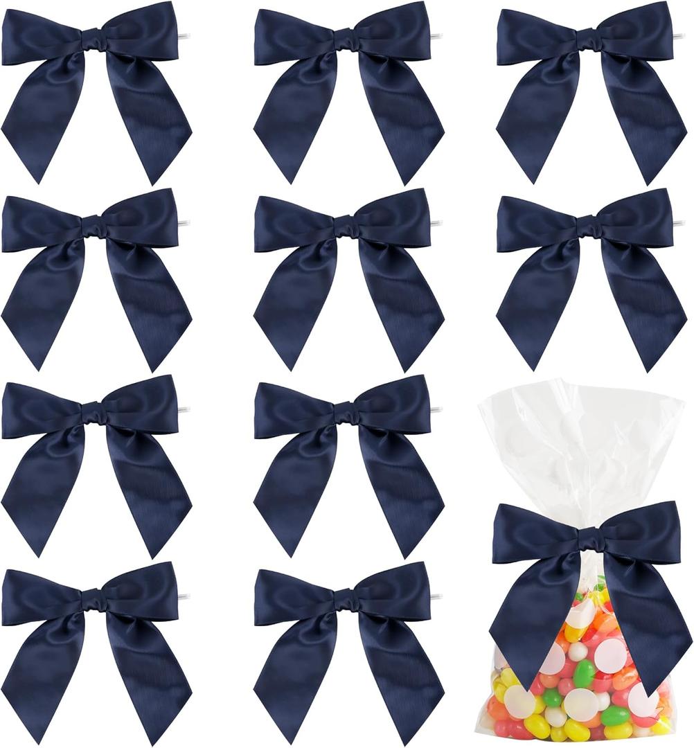 AIMUDI Navy Satin Ribbon Twist Tie Bows for Treat Bags 4.5" Pre-Tied Navy Blue Bows for Christmas Tree Blue Ribbon Bows for Crafts Premade Bows for Gift Wrapping Baby Shower Party Favors - 36 PCs