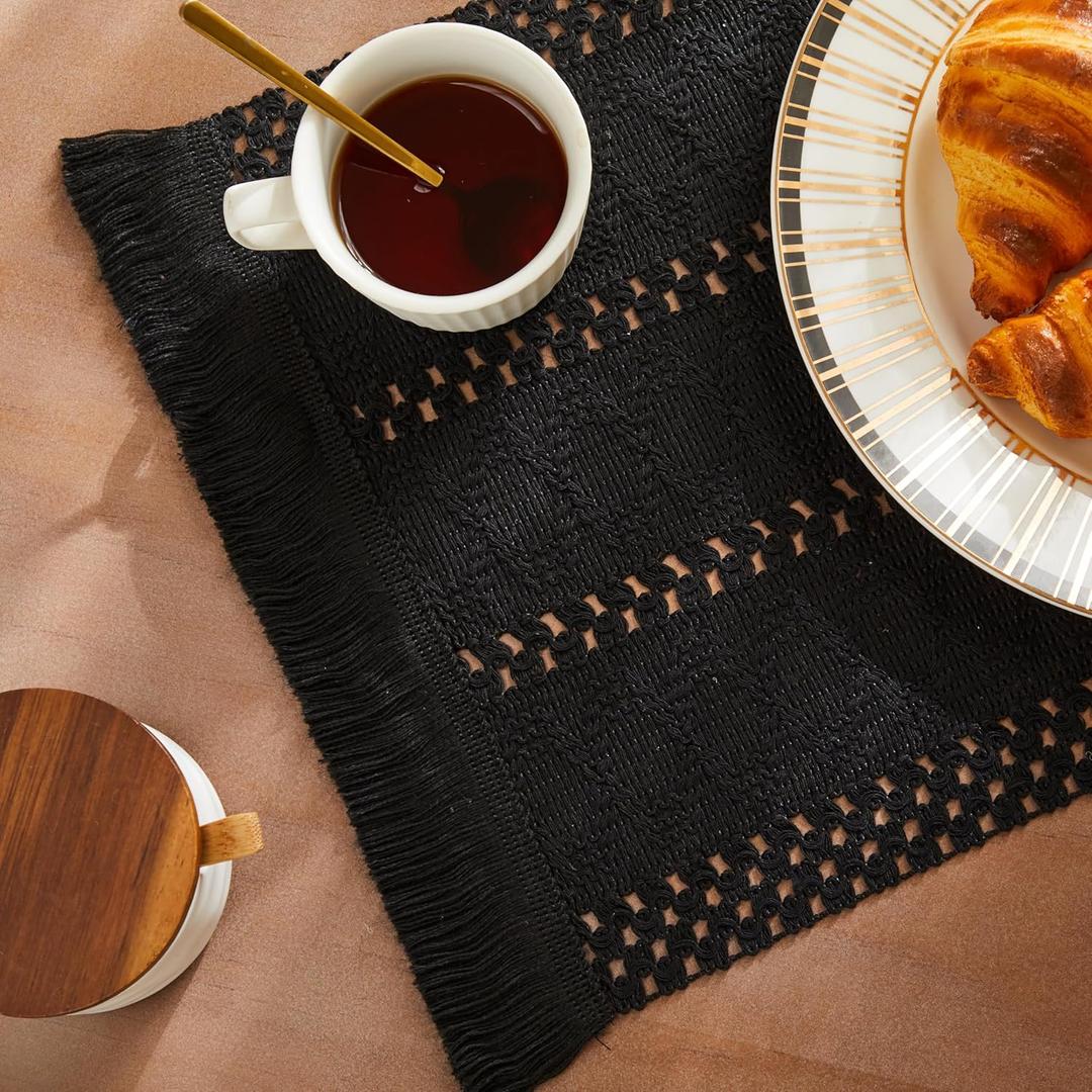 ZeeMart Macrame Style Boho Placemats Set of 6, Black Decorative Natural Farmhouse Cotton Woven Place Mats Home Decor for Kitchen Dining Table