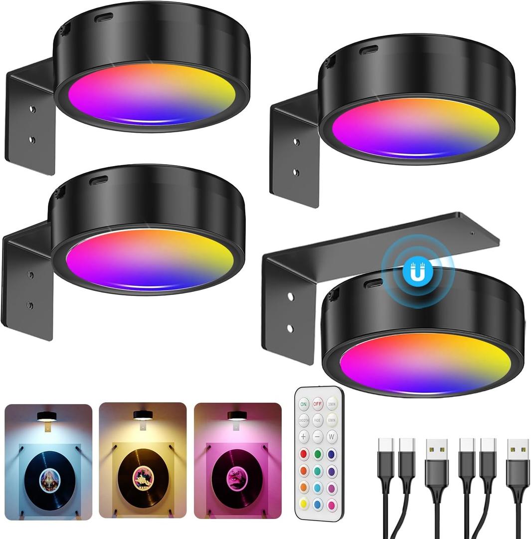 Wireless Rechargeable Picture Lights for Wall, 2600mah Battery Operated Art Lights for Paintings Cordless Light Over Picture Frame LED Gallery Wall Light Remote RGB Puck Light for Poster Photo Display (4 pack)