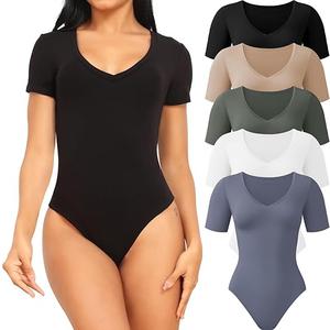 CE' CERDR 5 Pack Bodysuits for Women Short Sleeve Deep V Neck Tops T-shirt Bodysuit Casual Outfits (Small, 5 Pack Black, White, Nude, Olive Green, Dark Blue)