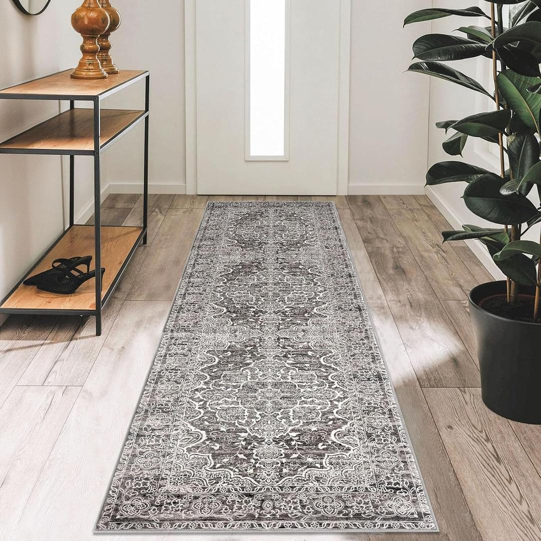 KUTA Vintage Washable Runner Rug, 2x7 Non-Slip Tan Grey Hallway Kitchen Runners Soft Printed Distressed Tribal Farmhouse Floor Carpet Rugs for Laundry Bedroom Living Room
