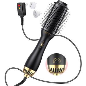 Dual Voltage(100~250V) Hair Dryer Brush with European Plug Adapter for International Travel, Europe Travel Essentials for Women (Large Size, Black)