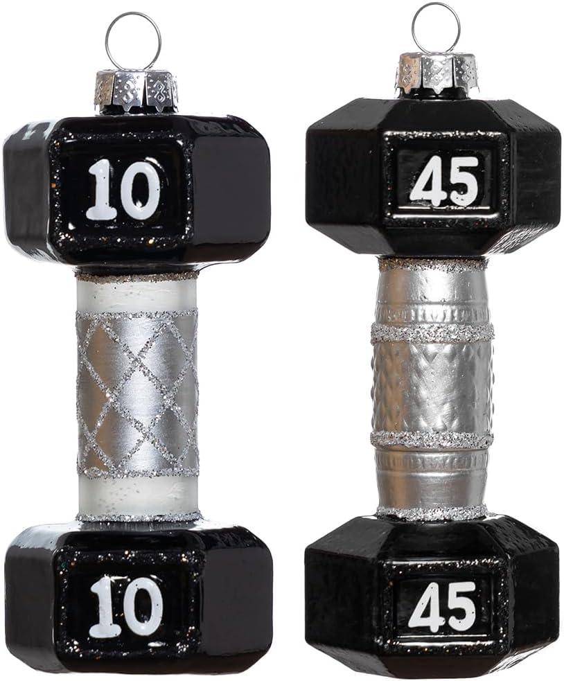 Set of 2 Hand Blown Glass Dumbbell Ornament for Christmas Tree, Hanging Glass Dumbbell Christmas Ornament