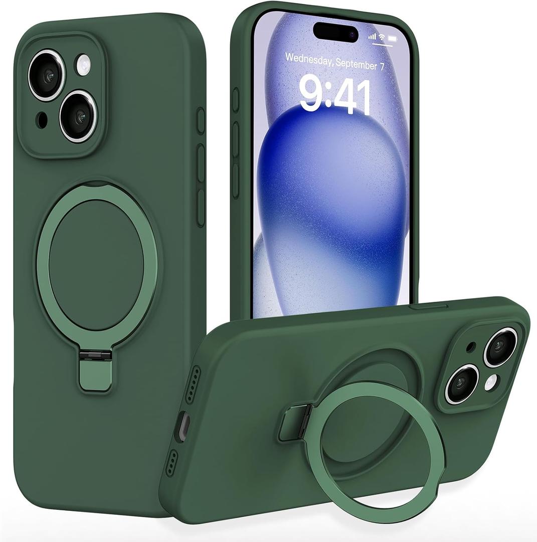 IYH for iPhone 15 Plus Case with Magnetic Invisible Stand 6.7''[Compatible with Magsafe][16FT Military Protection] Liquid Silicone Cases, Green