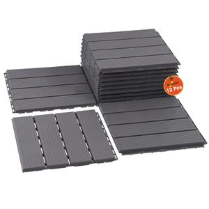 Interlocking Deck Tiles, 12 PCS 12 x 12 Patio Tiles Waterproof Plastic Outdoor Flooring Covering All Weather for Walkway Front Porch Poolside Balcony Backyard, Gray