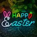 Happy Easter Neon Sign, Rabbit Shape Dimmable LED Easter Yard Sign Light, Easter Neon Sign for Wall Room Windows Lawn Party Decorations Easter Hanging Sign for Spring Front Yard Sign