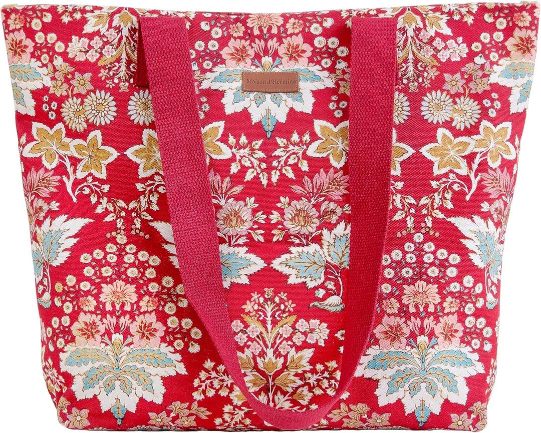 Maison d' Hermine Canvas Tote Bag for Women Cotton Canvas Reusable Shoulder Grocery Bags Handle Travel Easter Gifts (54 - Marquise - Red)