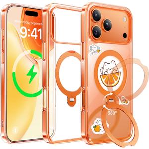 Official Cosmic Orange for iPhone 17 Pro Max Case with 360° Spin Stand [Fit for MagSafe & Military Protection] [DIY Cute Stickers] [Never Yellow] Clear Slim for 17 Pro Max Phone Cover 6.9", Orange
