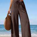 PRETTYGARDEN Women's Pants Casual High Waisted Palazzo Pants for Women with Pockets Textured Wide Leg Stretch Maternity Pants (Brown, Small)