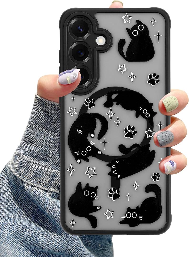 Compatible with MagSafe Case for Samsung Galaxy S25, Cute Black Cat Aesthetic Pattern Magnetic Design Phone Case, Soft TPU Protective Phone Cover for Women Girls-Black
