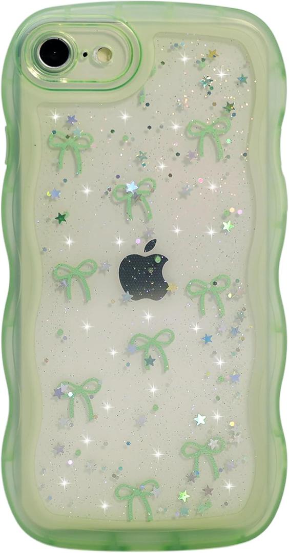 Qokey for iPhone SE(2020/2022)/8/7 Case - Glitter Star & Curved Edge Handle Grip Design, Military-Grade Shockproof Clear TPU Cover, Sparkle Protection Scratch-Resistant, Holographic Sage Green Bow