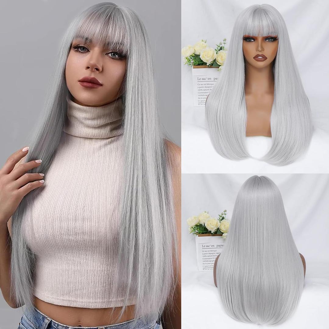 Gray White Wig with Bangs for Women 24 Inch Long Straight silver Wigs Synthetic Heat Resistant Wig for Daily Party Use