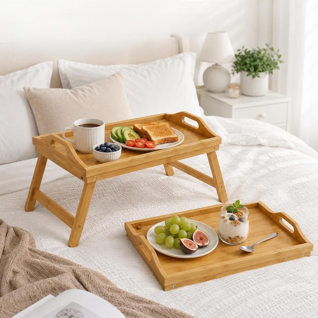 Bed Tray Table Bamboo 2 Pack – Foldable Legs Breakfast Tray with Handles, Laptop Desk, Sofa Tray, Snack Serving Tray for Bed, Couch, Eating & Working