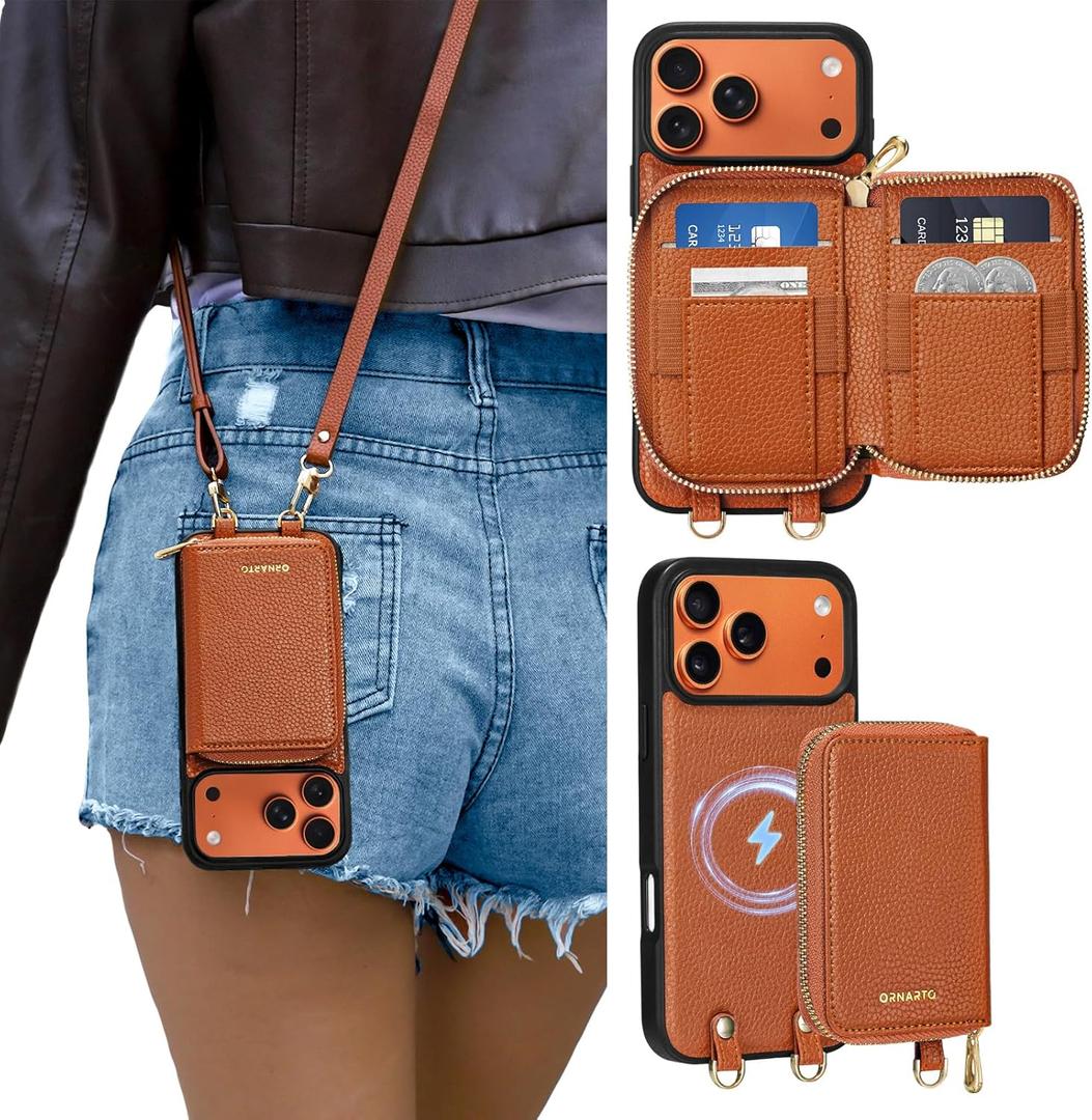 ORNARTO Magnetic Detachable Wallet Case for iPhone 17 Pro, [Compatible with MagSafe], Crossbody Wallet Case with Card Holder Wrist Strap, RFID Blocking PU Leather Wallet Phone Cover 6.3", Brown