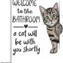 HNNXAR Funny Cat Bathroom Wall Art,Welcome To The Bathroom A Cat Will Be With You Shortly Paintings Posters,Black and White Funny Animal Canvas Pictures Prints Wall Decor 16x24in Framed