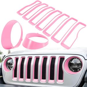 Front Grille Mesh Inserts & Headlight Cover for Jeep Wrangler JL JLU Sport & Sport S Only 2018-2023 Exterior Accessories Clip-in Grille Guard Cover Headlight Bezels Trim Ring (Pink 9PCS)