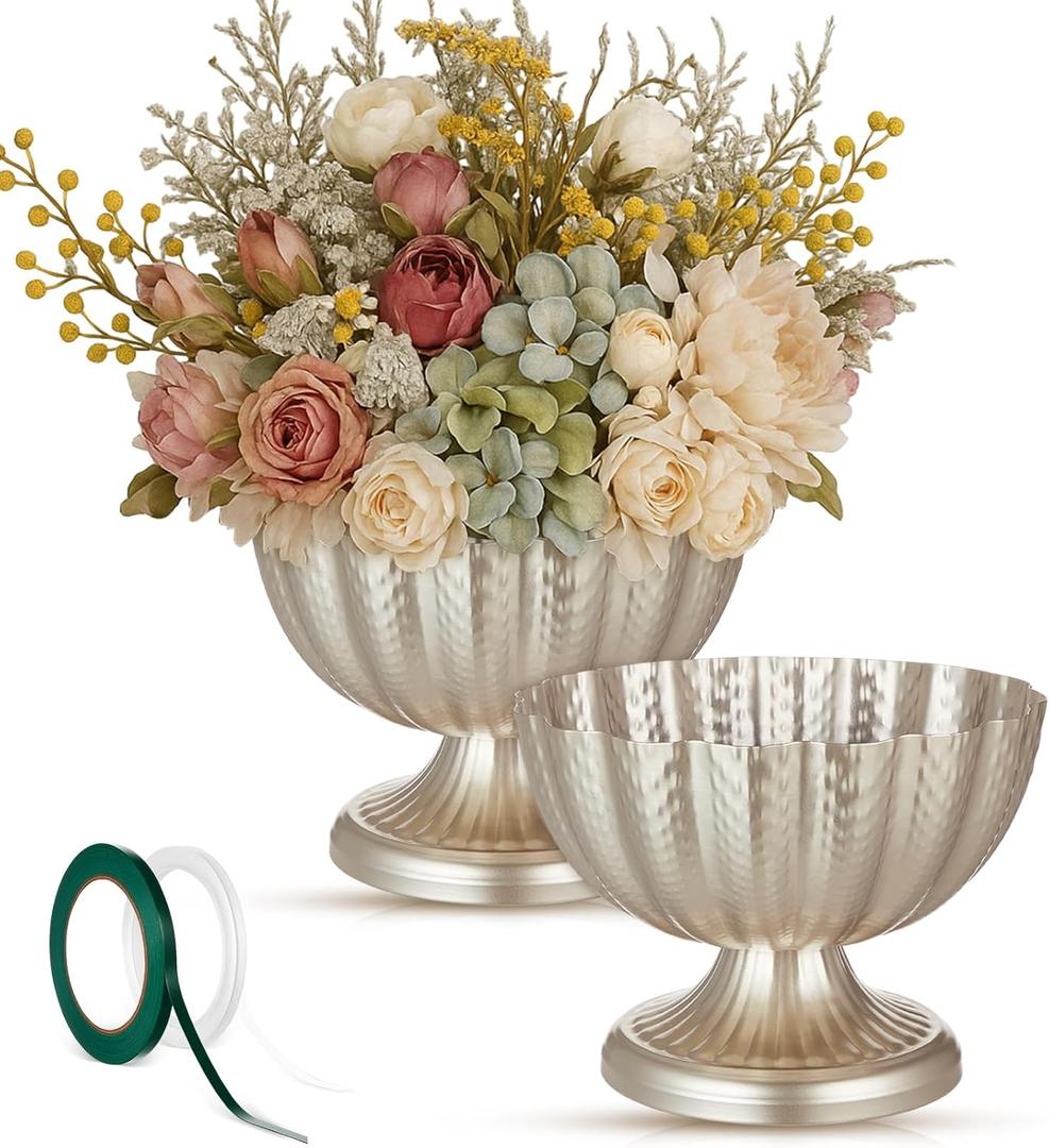 Ninehaoou 2 Pcs Large 9 Inch Compote Vase for Centerpiece Flower Holder Metal Compote Bowl Indoor Outdoor Flowers Fruits Plant for Wedding Party Decoration Christmas Home (Silver)