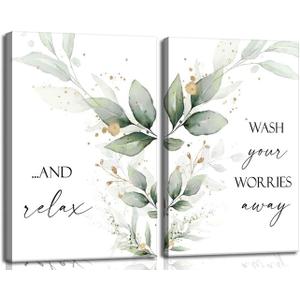 2Pcs Frame Green Eucalyptus Canvas Wall Art Botanical Leaf Pictures Wall Decor Soothing Relaxation Wash Away Worries Plants Paintings Bathroom Posters Prints for Toilet Laundry Clean Room Home Decoration 12x16in