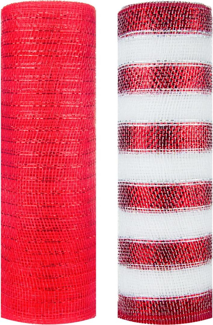 2 Rolls Decor Mesh Poly Ribbons 10 Inch x 30 Feet Each Roll Metallic Foil Mesh Ribbon Christmas Tree Decorative Mesh Red and White Rolls for Xmas Wreaths, Swags and Home Decorating