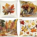 Fall 16x16 Throw Pillow Covers Set of 4, Watercolor Pumpkin Bicycle Decorative Holiday Pillow Case 16 x 16 Autumn Cushion Covers Thanksgiving Pillowcase for Indoor Home Bedroom Sofa Decor