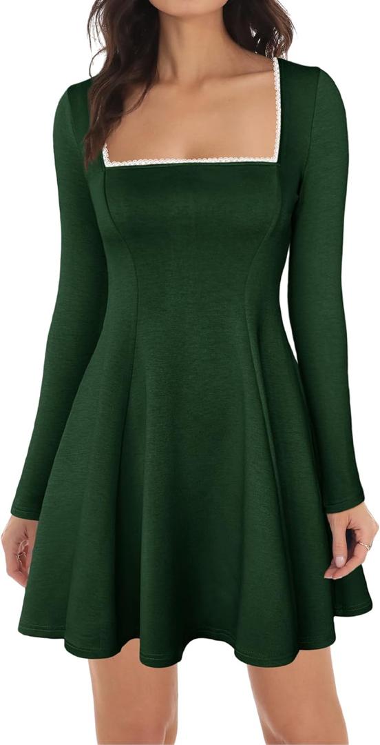 Lrady Womens Square Neck Bodice Dress Long Sleeve Flare A Line Club Party Mini Ruffle Swing Short Dresses, Dark Green, Large
