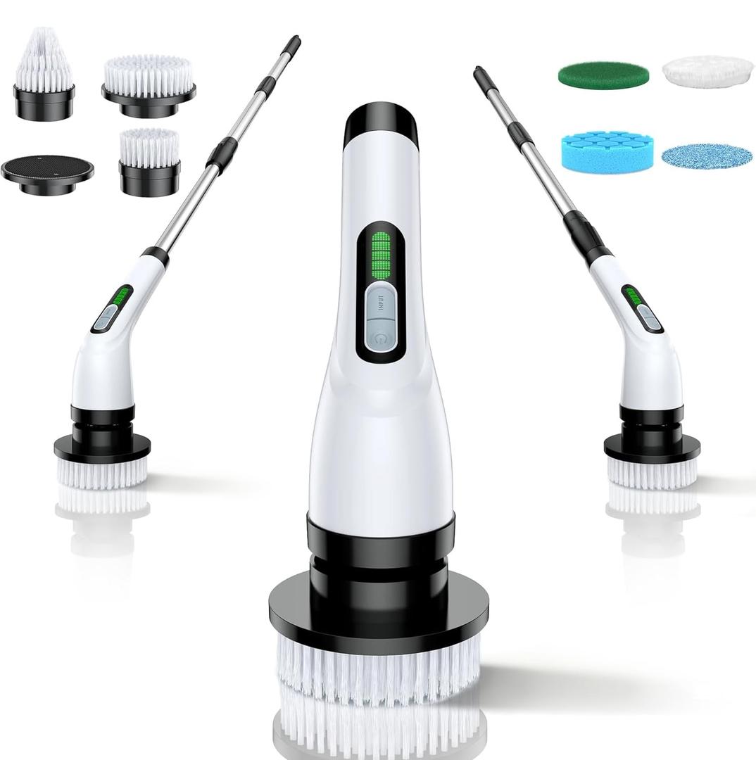 Electric Spin Scrubber - Cordless Bathroom Scrubber with 7 Brush Heads - Dual Speed IPX7 Waterproof Power Scrubber for Heavy-Duty Bathtub, Glass, Tile, and Car Cleaning (White)