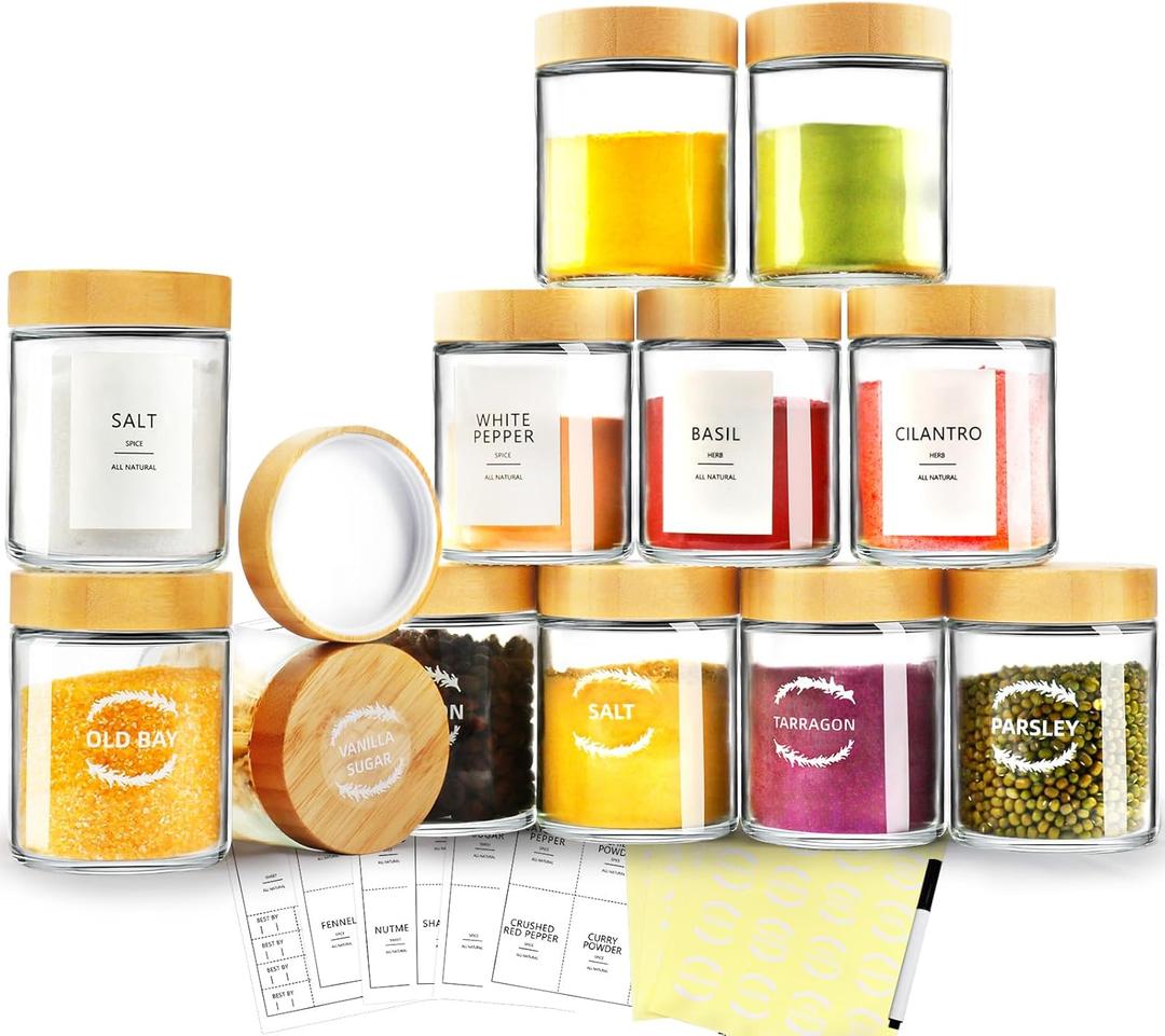 AISIPRIN Glass Jar with Lid 7 Pcs, Glass Spice Jars with Labels, Candle Jars, Mason Jars 8oz with Airtight Bamboo Lids