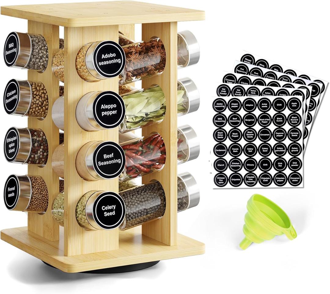 WelFurGeer Bamboo Spice Rack Organizer for Countertop, Revolving Spice Shelf with 16 Glass Jars, Lids & Labels, Desktop Rotating Seasoning Organizer for Kitchens, Space-Saving Design (4 Tiers)