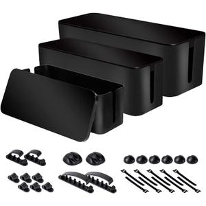Cable Organizer Box Set of Three, Power Cover Cord Holder Surge Protector for Desk (Black)