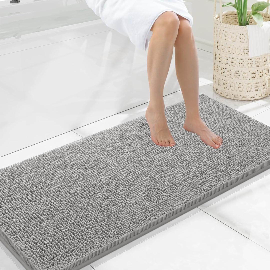Smiry Luxury Chenille Bathroom Rugs 47x20, Extra Soft and Absorbent Shaggy Bath Mat, Machine Washable, Non-Slip Plush Carpet Runner for Tub, Shower, and Floor, Home Decor Accessories, Light Grey