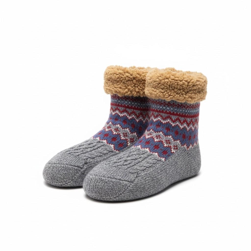 LEMZONE Warm Cozy Slipper Socks for Men, Non Slip Winter Fuzzy Fleece Lining Grip Cabin Socks with Furry Cuffs