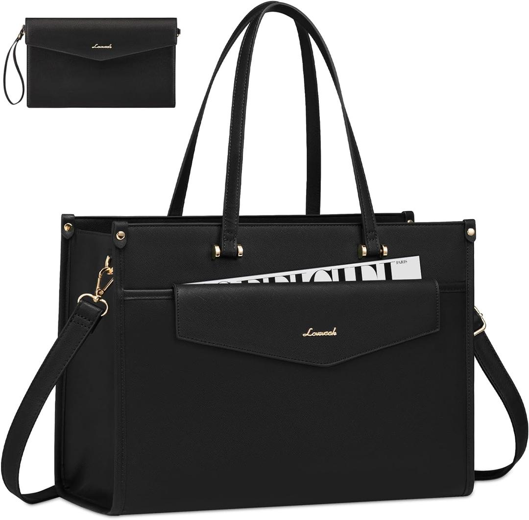 LOVEVOOK Laptop Tote Bag for Women, 15.6 inch 2-in-1 Professional Work Bag Business Briefcase with Clutch Purse, Waterproof Leather Computer Handbag for Teacher Office Travel (Black)