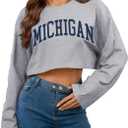 Women Long Sleeve Cropped Sweatshirt Oversized Crew Neck Workout Tops Grey Michigan X-Large (Gray, XL)