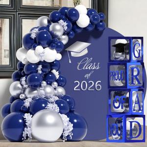 Graduation Decorations 2026, Navy Blue Graduation Decorations Transparent Balloon Boxes with Letters of GRAD, PROUD OF YOU,Class of 2026, Blue Silver Balloons Arch for High School College Grad Party