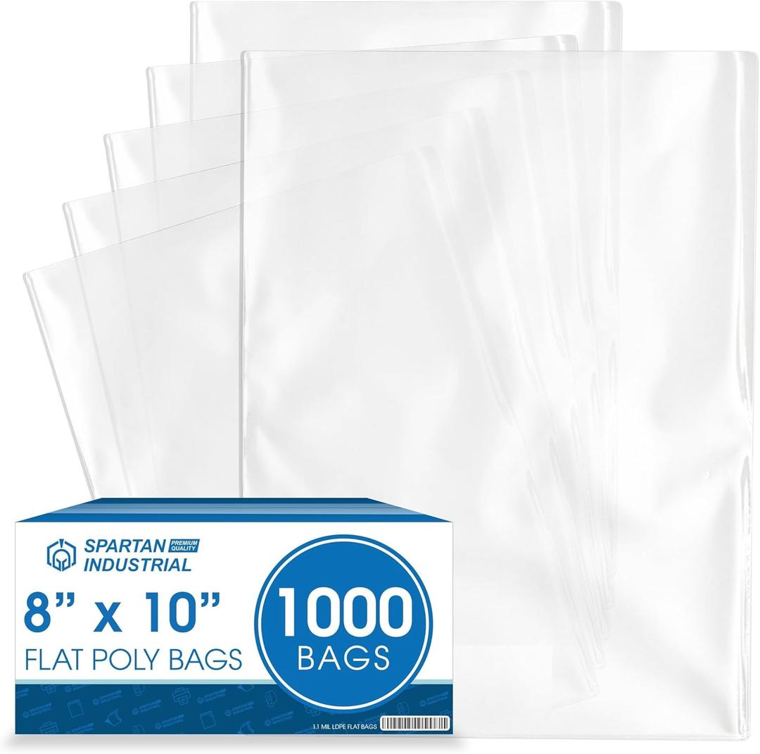 8" X 10" Open-End Flat Plastic Poly Bags (1000 Count) - 1.1 Mil Clear Bags for Shipping, Packaging, Storage - No Adhesive Strip - Spartan Industrial
