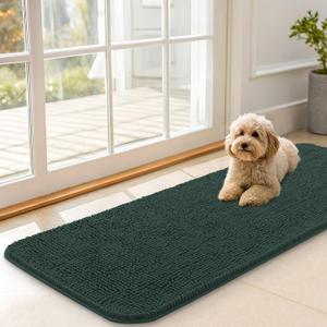OLANLY Dog Door Mat for Muddy Paws 47x17, Absorbs Moisture and Dirt, Absorbent Non-Slip Washable Doormat, Quick Dry Chenille Mud Mat, Entry Indoor Entryway Carpet for Inside Floor, Blackish Green