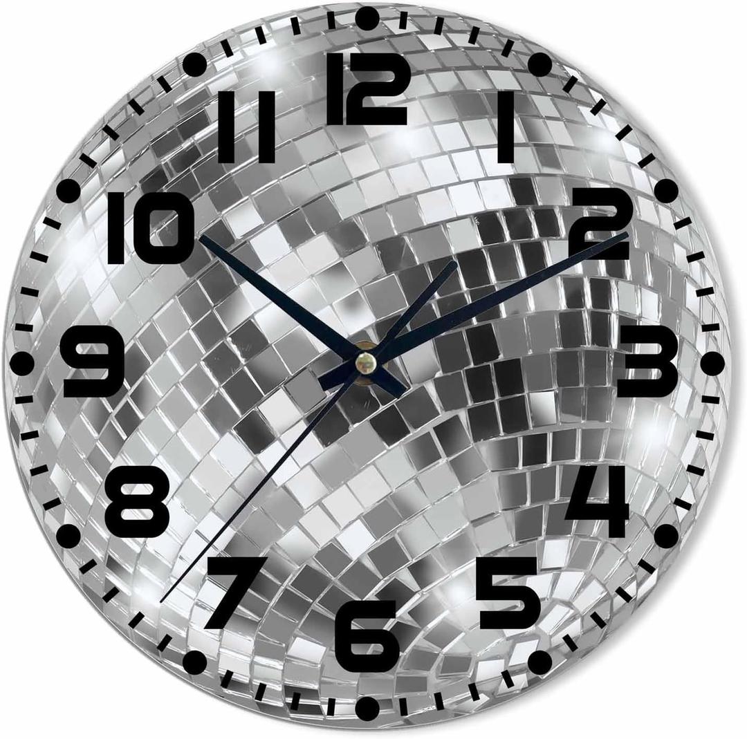 Mirror Ball Wall Clock 10 inch Round Black White and Gray Silent Non Ticking Wood Wall Clocks Battery Operated Easy to Read Decorative Wall Clock for Bedroom Kitchen Living Room Bathroom