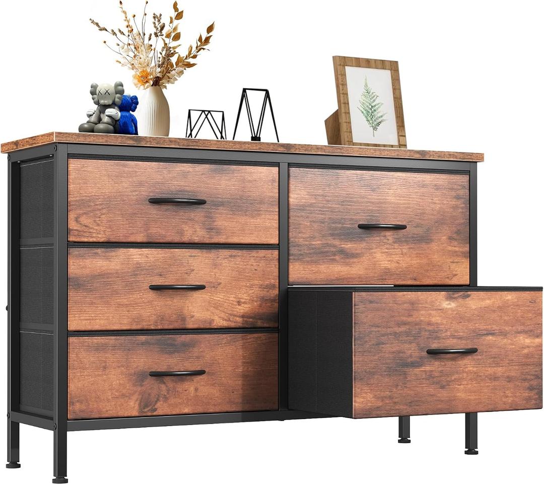 DUMOS TV Stand for Bedroom with 5 Storage Drawers, Fabric Chest of Drawers with Metal Frame, Living Room Storage Organizers Units for Books, TV Stand and Hallway, Rust, 11.8"D x 39.4"W x 25.3"H