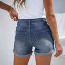 luvamia Women's Ripped High Waisted Denim Shorts Stretchy Cuffed Hem Jean Shorts (Blue, S)