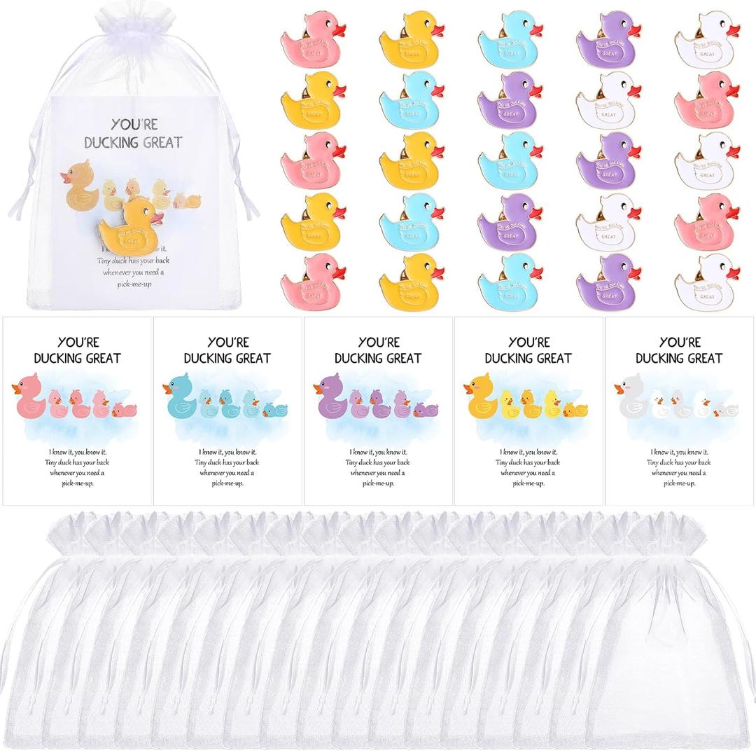 25 Sets Employee Appreciation Gifts Bulk Duck Pins with You're Ducking Great Cheer Cards Cute Duck Lapel Pins Brooches Thank You Gifts for Coworkers