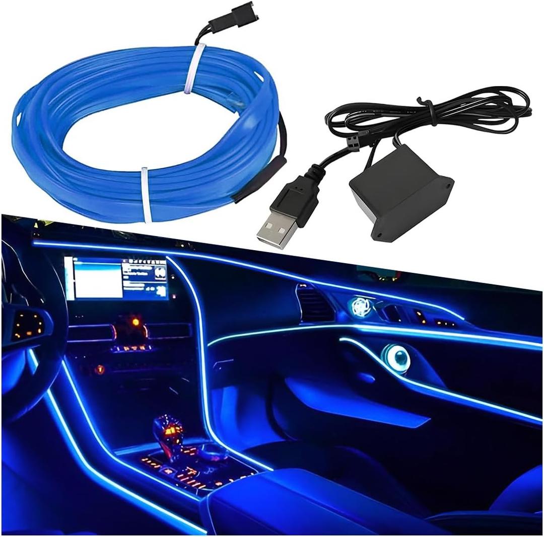 ZIMISI EL Wire Car Interior LED Strip Lights, 5V 16FT Neon Light Strip with Sewing Edge, USB Electroluminescent Car Interior Lights with Fuse Protection, Vehicle Ambient Lighting Decorations (Blue)