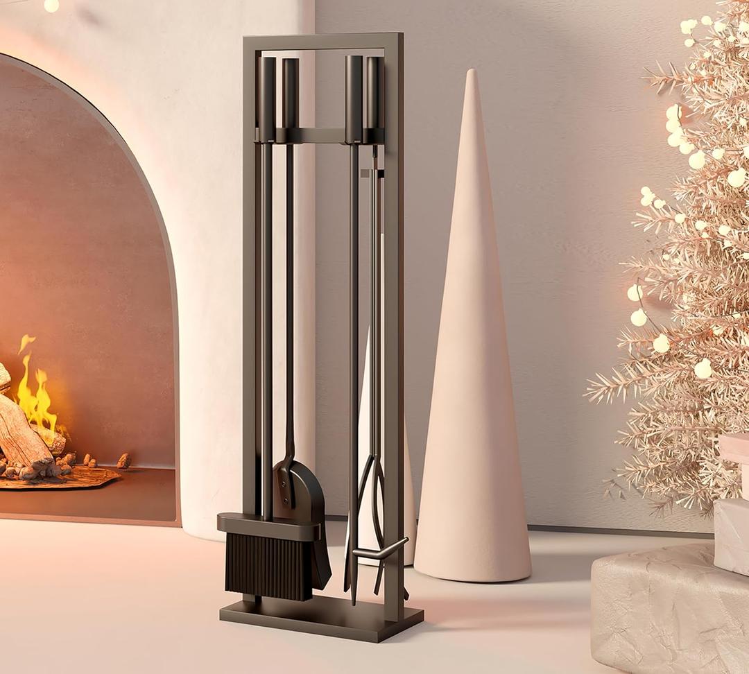 5 Pieces Fireplace Tools Set Wrought Iron Fireplace Tools with Chimney Poker, Tongs, Shovel, Brush and Stand Hearth Accessories Set, Black (11x30inch)